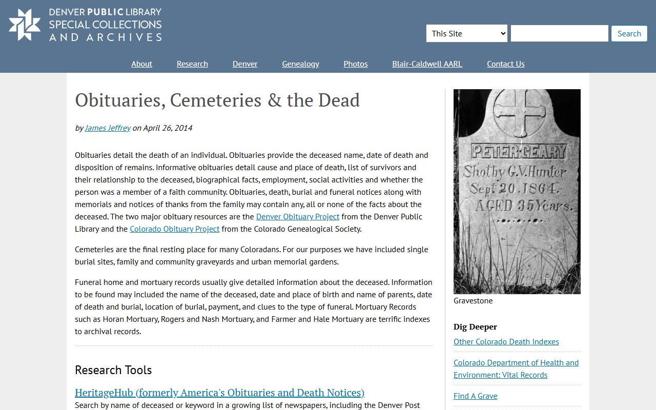 Denver Public Library obituary research resources