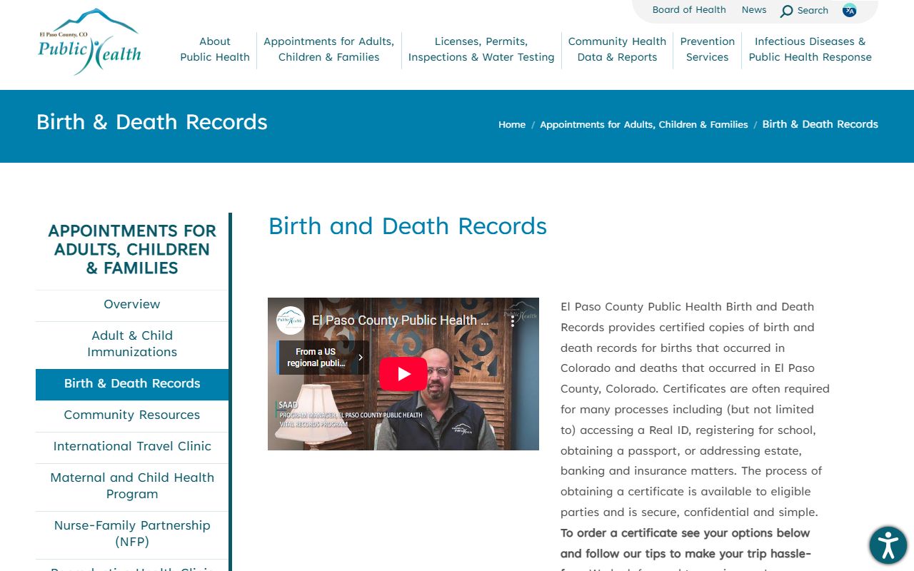 El Paso County Public Health vital records page