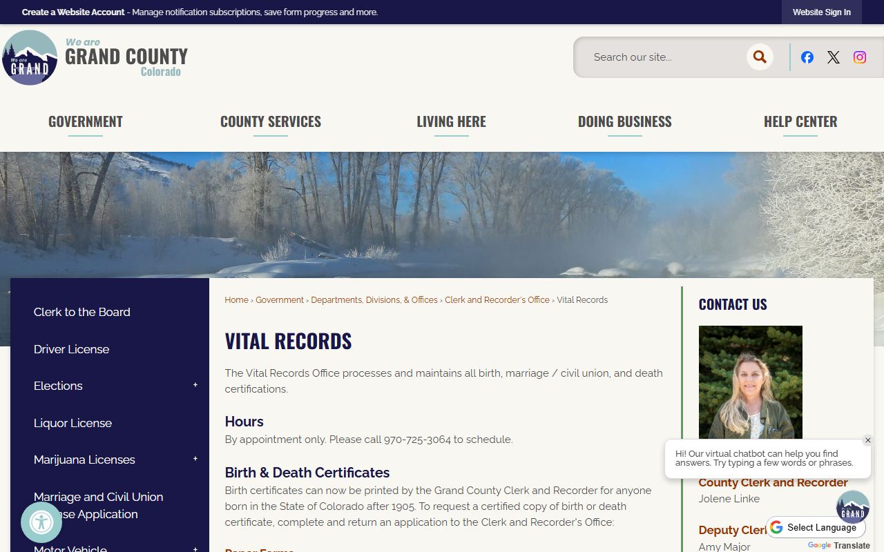 Grand County Clerk and Recorder vital records page