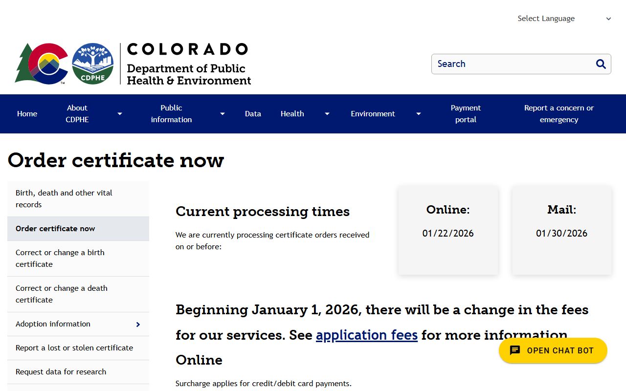 Colorado death certificate ordering page showing requirements