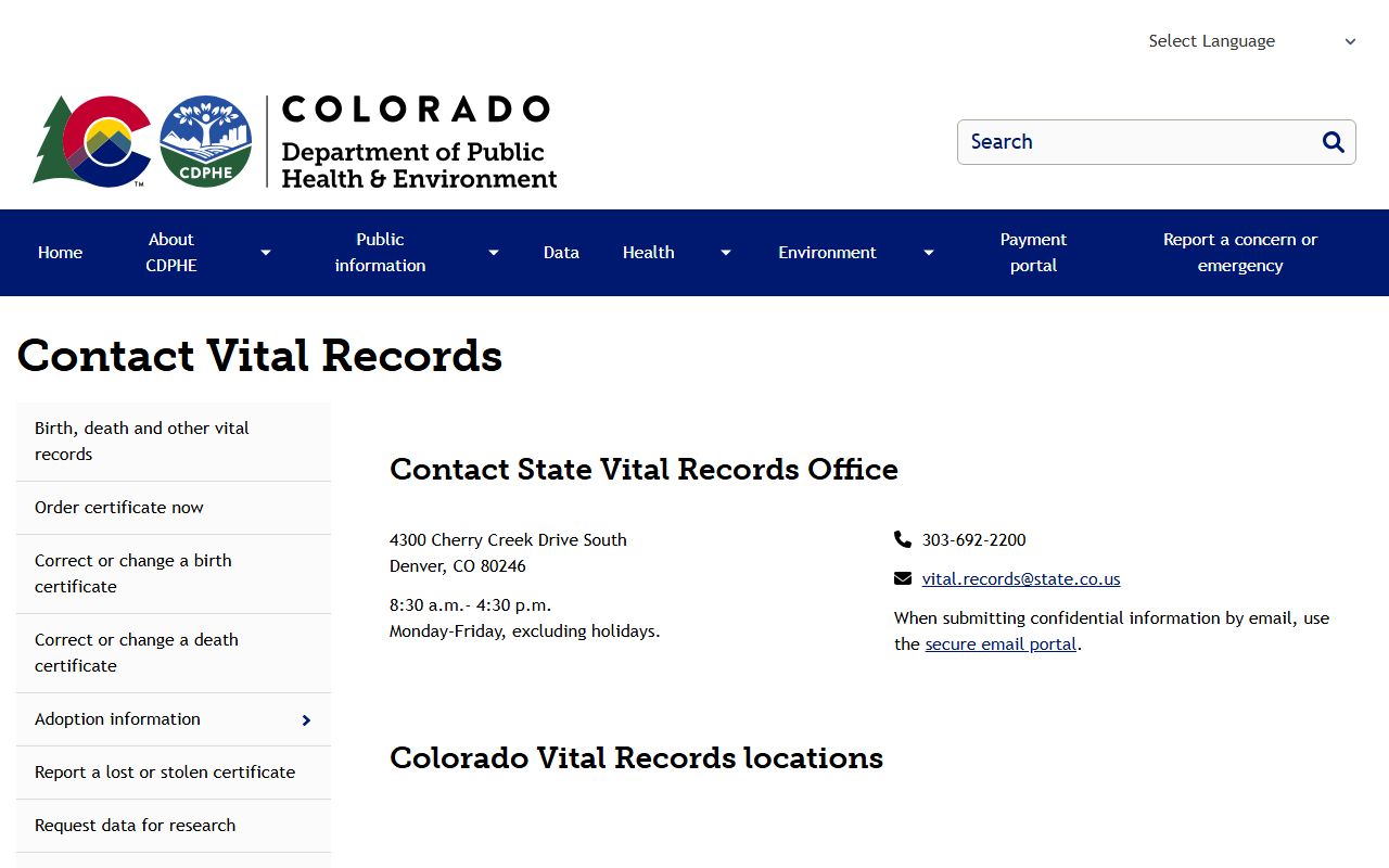 Colorado CDPHE vital records contact information page